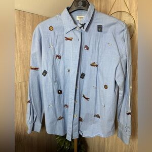 Teddi Light Blue Women’s Chambray Shirt with Embroidery Ships Planes Travel